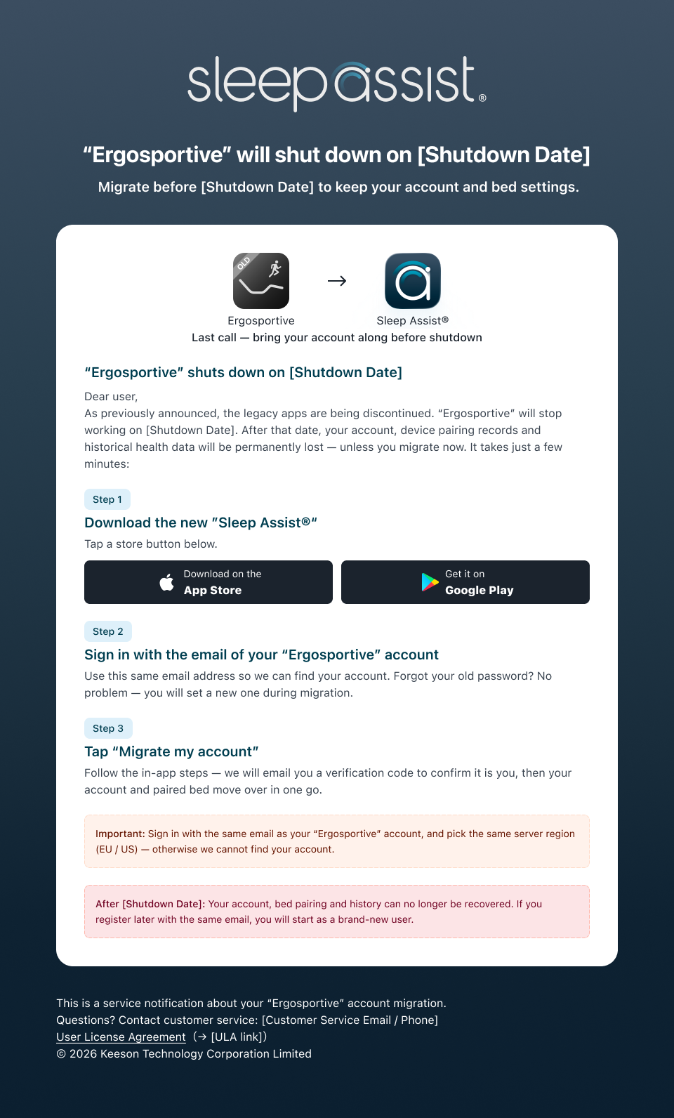 Ergosportive Shutdown email